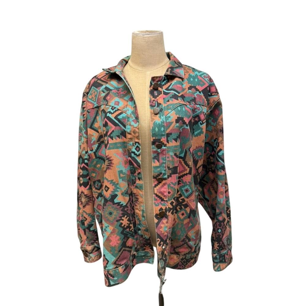 "GOTCHA COVERED" Aztec Print Denim Jean Jacket Womens SZ M VTG Cowgirl‎ Rodeo